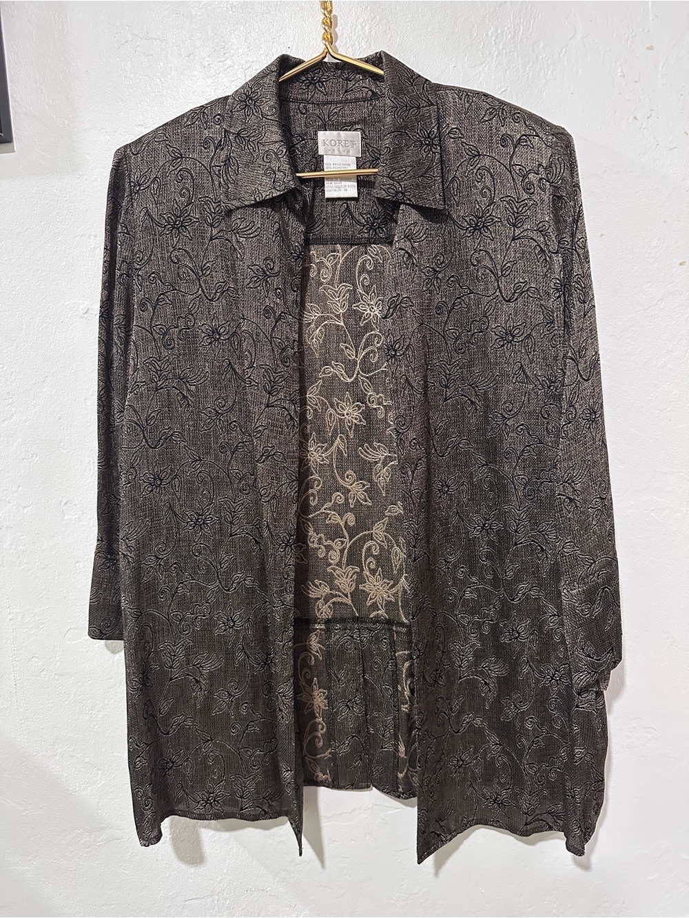 Koret Brown Floral Jacquard Open Front Jacket Blouse Size 14 Vintage